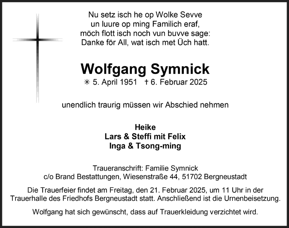  Traueranzeige für Wolfgang Symnick vom 14.02.2025 aus  Anzeigen Echo 