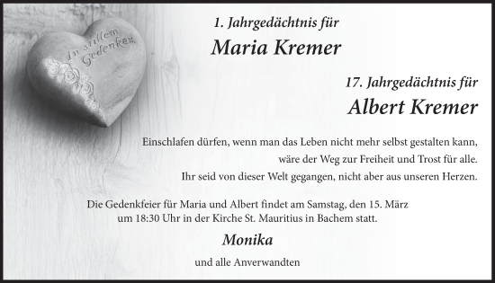 Anzeige von Albert Kremer von  Wochenende 