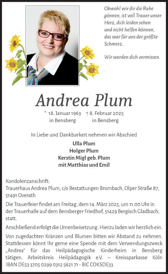 Anzeige von Andrea Plum von  Bergisches Handelsblatt 