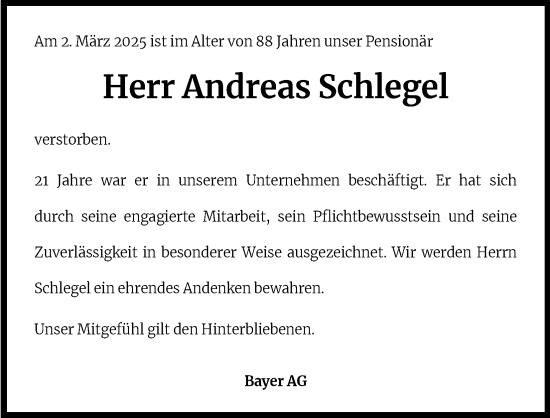 Anzeige von Andreas Schlegel von Kölner Stadt-Anzeiger / Kölnische Rundschau / Express