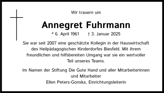 Anzeige von Annegret Fuhrmann von Kölner Stadt-Anzeiger / Kölnische Rundschau / Express