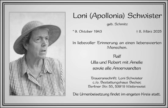 Anzeige von Apollonia Schwister von  Blickpunkt Euskirchen 