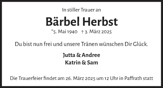 Anzeige von Bärbel Herbst von  Bergisches Handelsblatt 