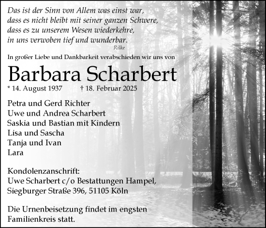 Anzeige von Barbara Scharbert von Kölner Stadt-Anzeiger / Kölnische Rundschau / Express