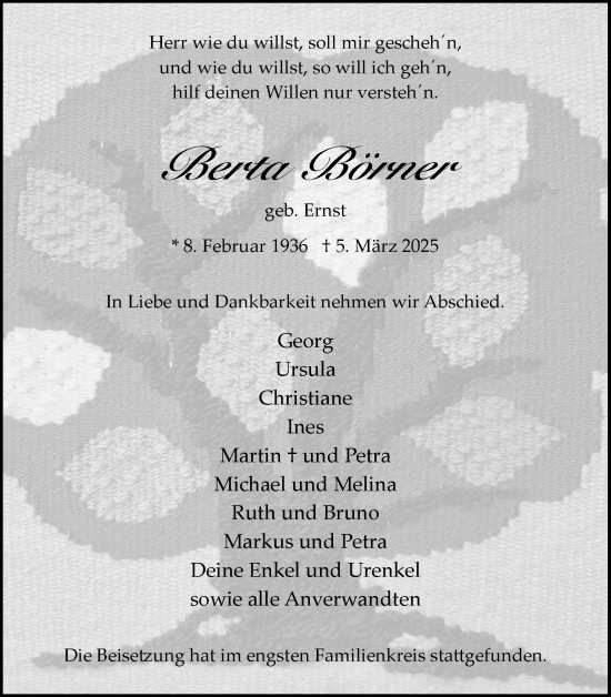 Anzeige von Berta Börner von Kölner Stadt-Anzeiger / Kölnische Rundschau / Express