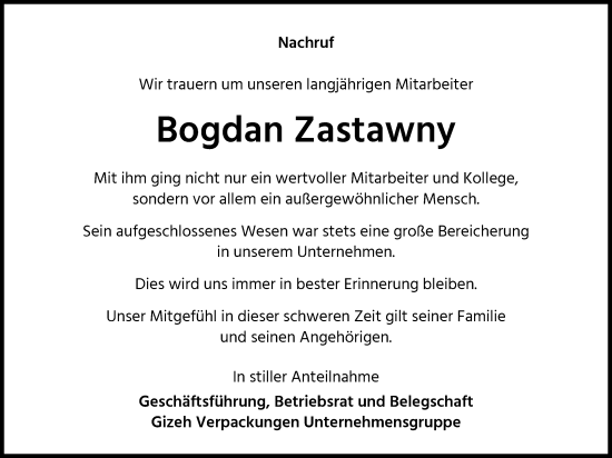 Anzeige von Bogdan Zastawny von Kölner Stadt-Anzeiger / Kölnische Rundschau / Express