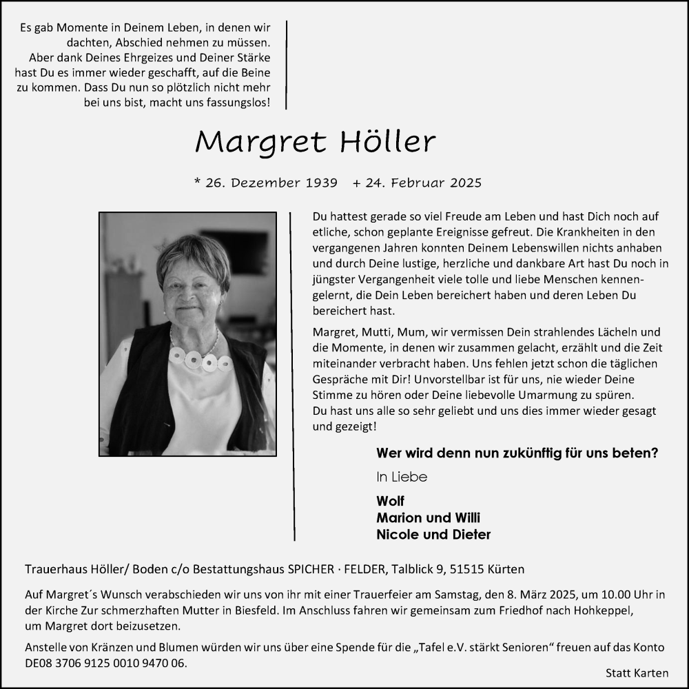  Traueranzeige für Margret Höller vom 01.03.2025 aus Kölner Stadt-Anzeiger / Kölnische Rundschau / Express