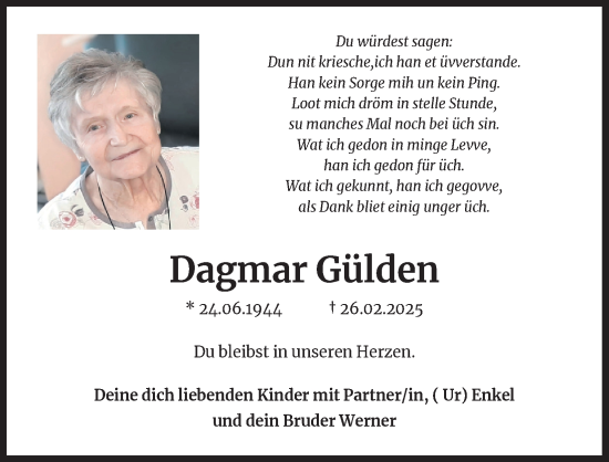 Anzeige von Dagmar Gülden von Kölner Stadt-Anzeiger / Kölnische Rundschau / Express