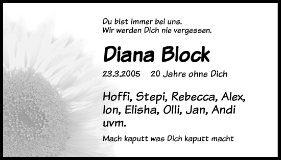 Anzeige von Diana Block von Kölner Stadt-Anzeiger / Kölnische Rundschau / Express