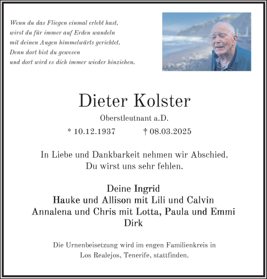 Anzeige von Dieter Kolster von Kölner Stadt-Anzeiger / Kölnische Rundschau / Express