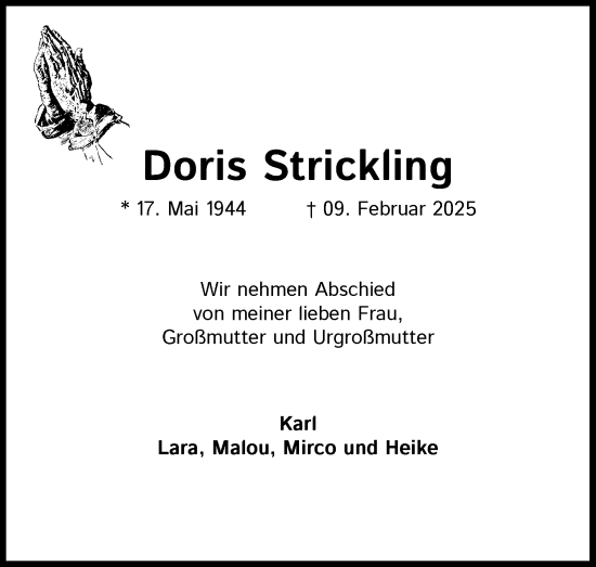 Anzeige von Doris Strickling von Kölner Stadt-Anzeiger / Kölnische Rundschau / Express