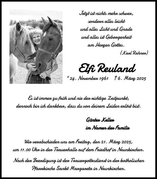 Anzeige von Elfi Reuland von Kölner Stadt-Anzeiger / Kölnische Rundschau / Express