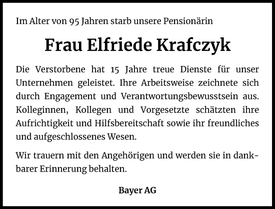 Anzeige von Elfriede Krafczyk von Kölner Stadt-Anzeiger / Kölnische Rundschau / Express