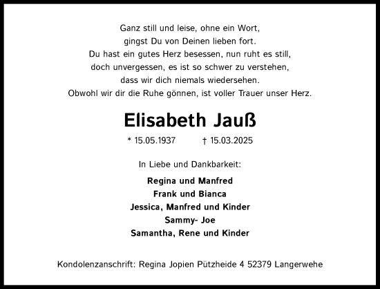 Anzeige von Elisabeth Jauß von Kölner Stadt-Anzeiger / Kölnische Rundschau / Express