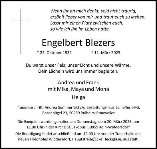 Anzeige von Engelbert Blezers von Kölner Stadt-Anzeiger / Kölnische Rundschau / Express