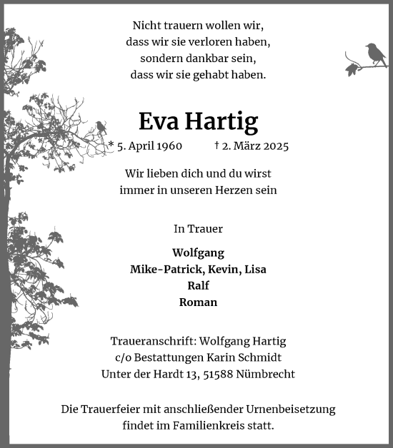 Anzeige von Eva Hartig von Kölner Stadt-Anzeiger / Kölnische Rundschau / Express