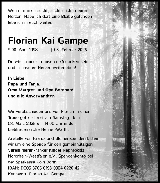 Anzeige von Florian Kai Gampe von Kölner Stadt-Anzeiger / Kölnische Rundschau / Express