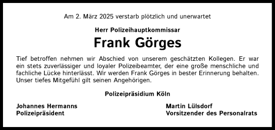 Anzeige von Frank Görges von Kölner Stadt-Anzeiger / Kölnische Rundschau / Express