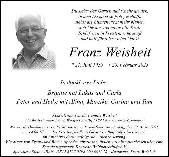 Anzeige von Franz Weisheit von  Blickpunkt Euskirchen 