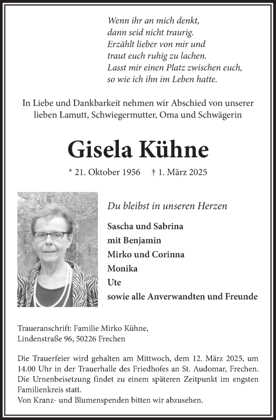 Anzeige von Gisela Kühne von  Wochenende 
