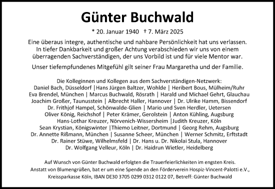Anzeige von Günter Buchwald von Kölner Stadt-Anzeiger / Kölnische Rundschau / Express