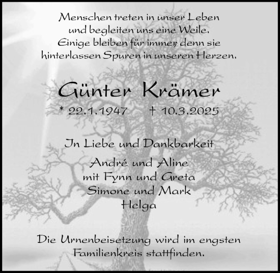 Anzeige von Günter Krämer von  Schlossbote/Werbekurier 
