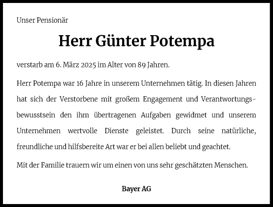 Anzeige von Günter Potempa von Kölner Stadt-Anzeiger / Kölnische Rundschau / Express