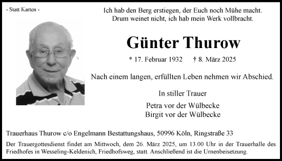 Anzeige von Günter Thurow von  Schlossbote/Werbekurier 