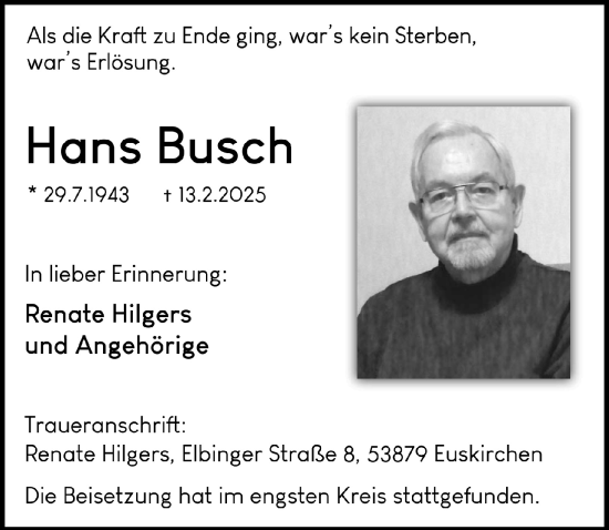 Anzeige von Hans Busch von  Blickpunkt Euskirchen 