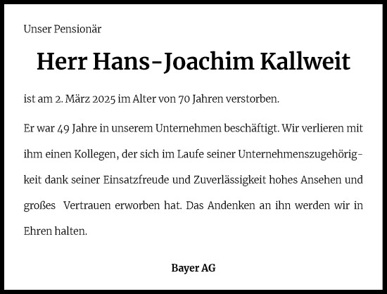 Anzeige von Hans-Joachim Kallweit von Kölner Stadt-Anzeiger / Kölnische Rundschau / Express