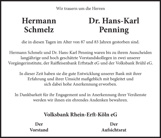 Anzeige von Hans-Karl Penning von  Wochenende  EXPRESS - Die Woche  Schlossbote/Werbekurier  Werbepost 