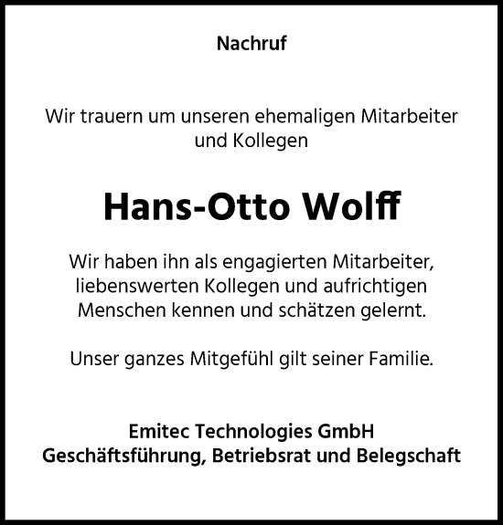 Anzeige von Hans-Otto Wolff von Kölner Stadt-Anzeiger / Kölnische Rundschau / Express