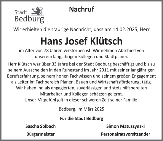 Anzeige von Hans Josef Klütsch von  Werbepost 