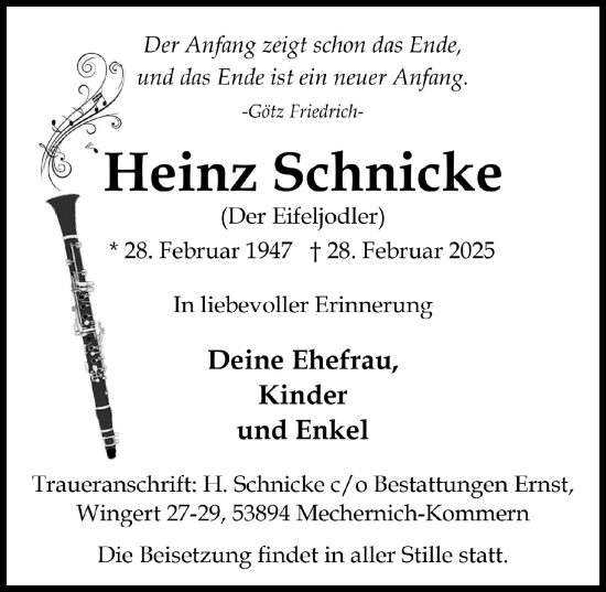 Anzeige von Heinz Schnicke von  Blickpunkt Euskirchen 