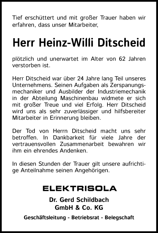 Anzeige von Heinz-Willi Ditscheid von Kölner Stadt-Anzeiger / Kölnische Rundschau / Express