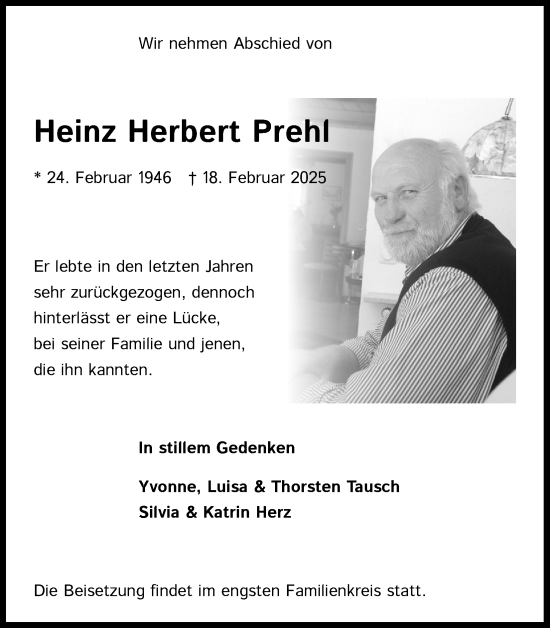 Anzeige von Heinz Herbert Prehl von Kölner Stadt-Anzeiger / Kölnische Rundschau / Express