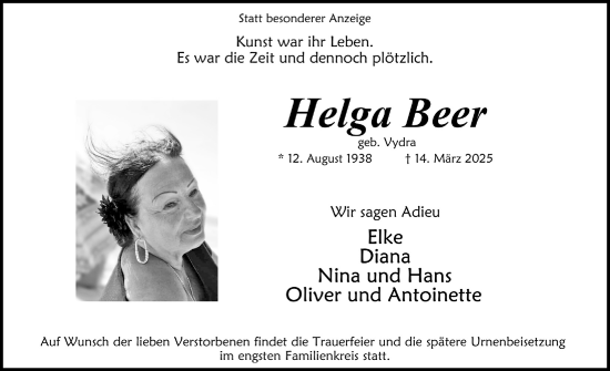 Anzeige von Helga Beer von  Anzeigen Echo 