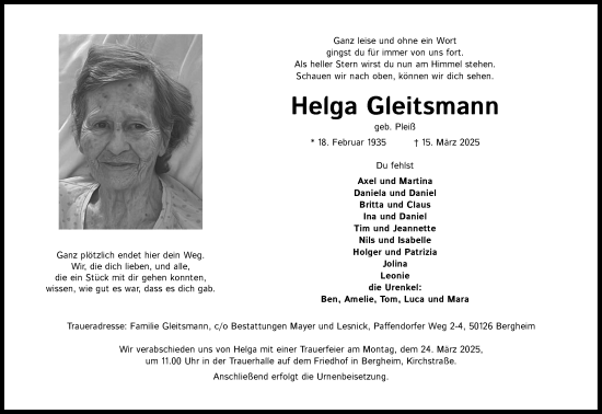 Anzeige von Helga Gleitsmann von Kölner Stadt-Anzeiger / Kölnische Rundschau / Express