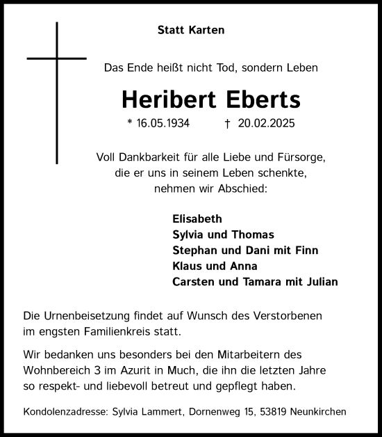 Anzeige von Heribert Eberts von Kölner Stadt-Anzeiger / Kölnische Rundschau / Express