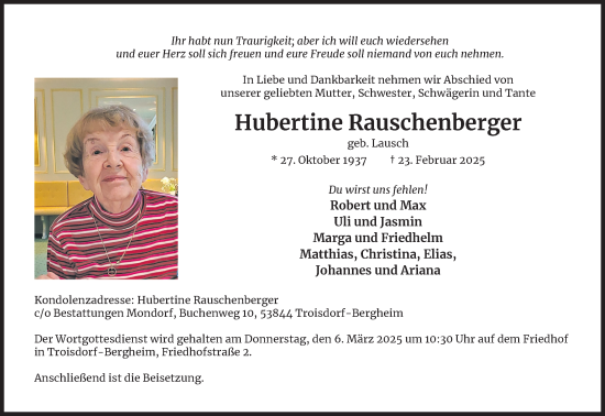 Anzeige von Hubertine Rauschenberger von Kölner Stadt-Anzeiger / Kölnische Rundschau / Express