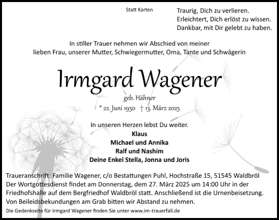 Anzeige von Irmgard Wagener von  Lokalanzeiger 