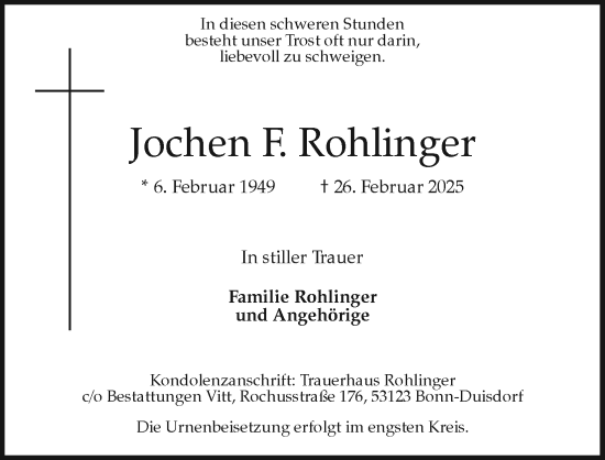 Anzeige von Jochen F. Rohlinger von Kölner Stadt-Anzeiger / Kölnische Rundschau / Express