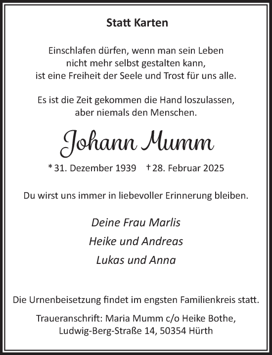 Anzeige von Johann Mumm von  Wochenende 
