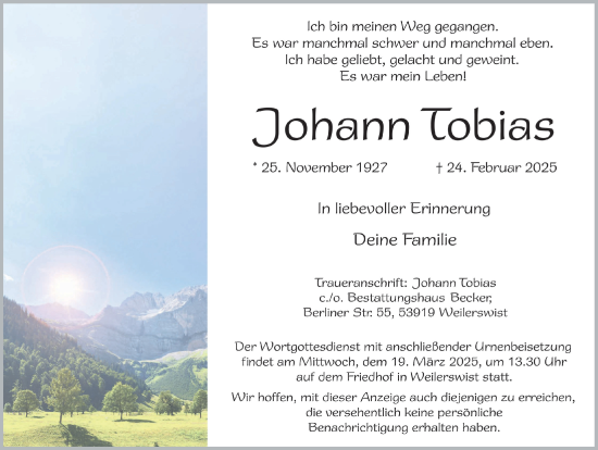 Anzeige von Johann Tobias von  Blickpunkt Euskirchen 