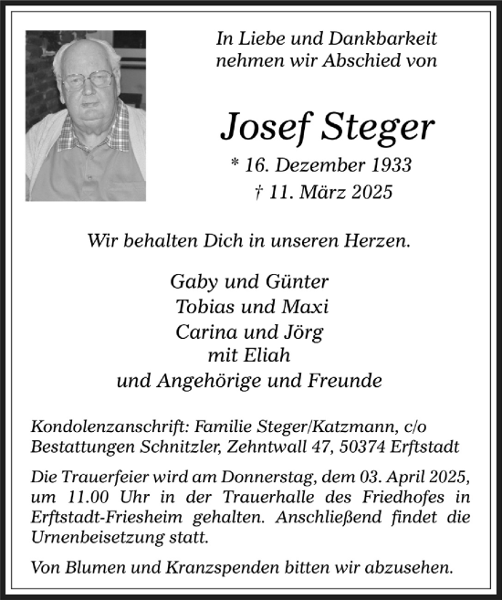 Anzeige von Josef Steger von  Werbepost 