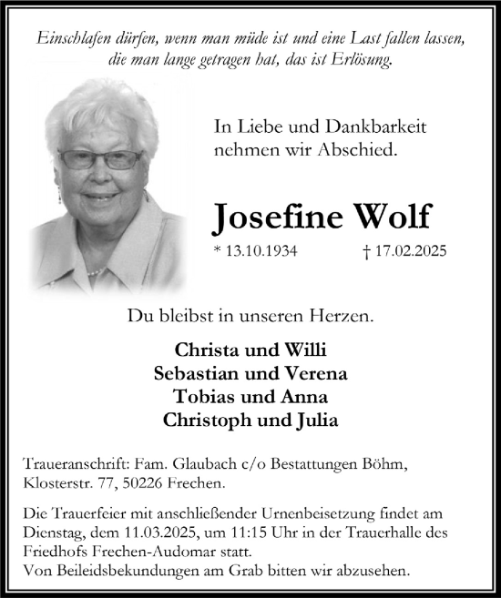 Anzeige von Josefine Wolf von  Wochenende 