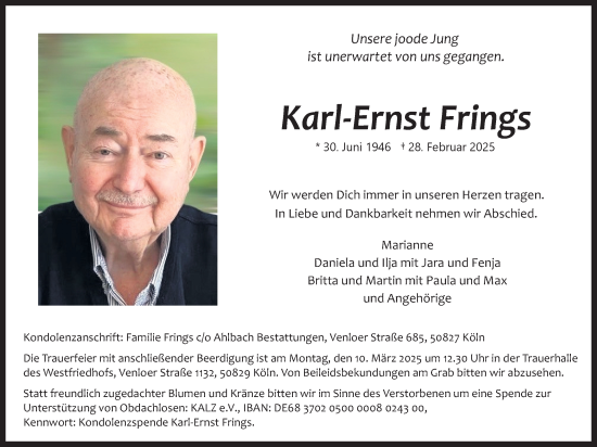 Anzeige von Karl-Ernst Frings von Kölner Stadt-Anzeiger / Kölnische Rundschau / Express