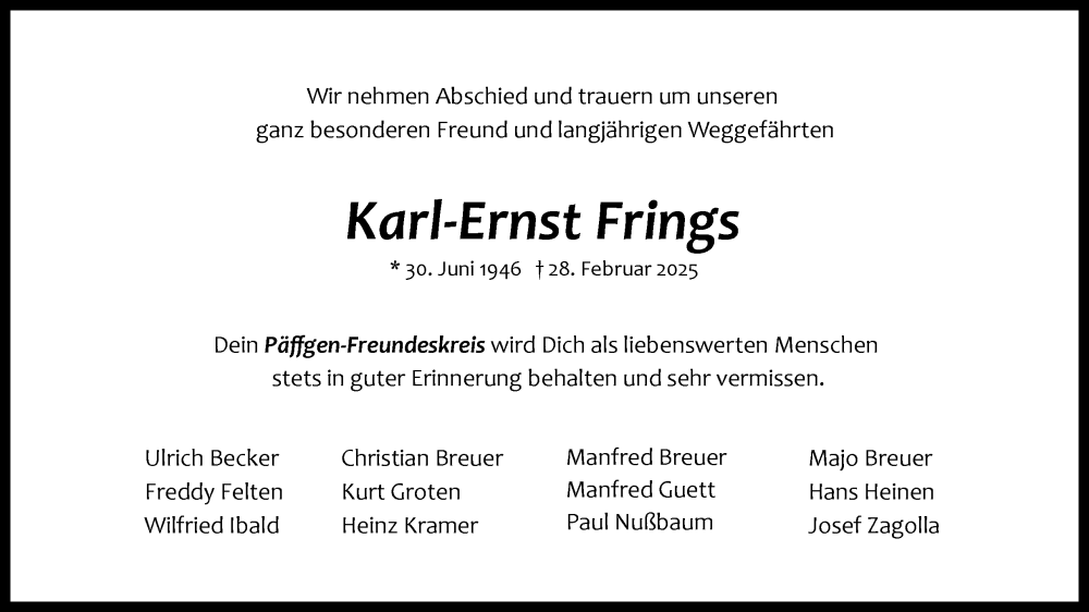  Traueranzeige für Karl-Ernst Frings vom 08.03.2025 aus Kölner Stadt-Anzeiger / Kölnische Rundschau / Express