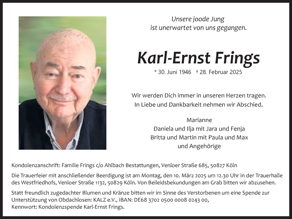  Traueranzeige für Karl-Ernst Frings vom 08.03.2025 aus Kölner Stadt-Anzeiger / Kölnische Rundschau / Express