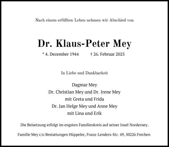 Anzeige von Klaus-Peter Mey von Kölner Stadt-Anzeiger / Kölnische Rundschau / Express
